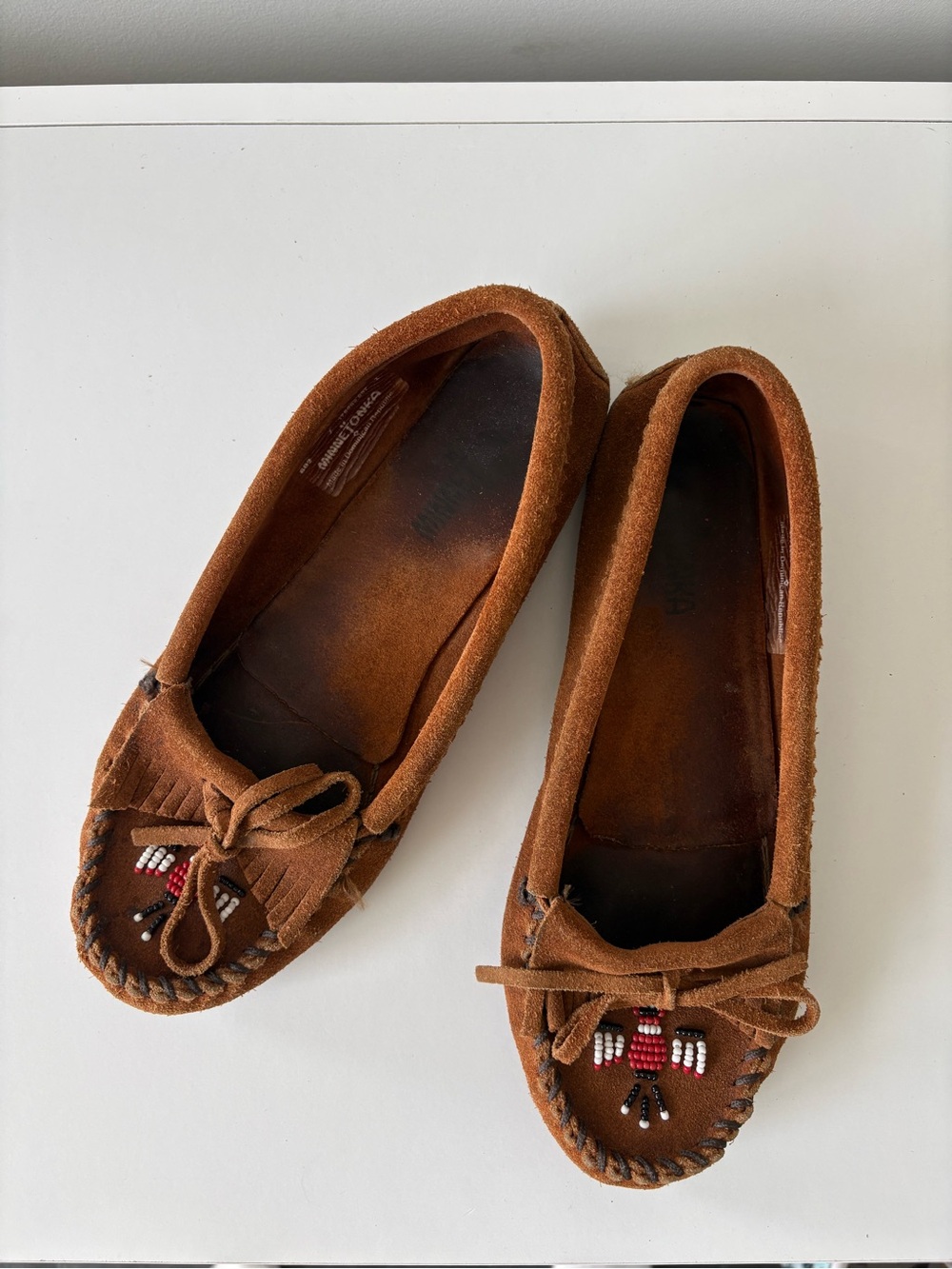 Minnetonka Thunderbird II Moccasins Brown Suede Beaded Leather Loafers Size 7 - Picture 10 of 13